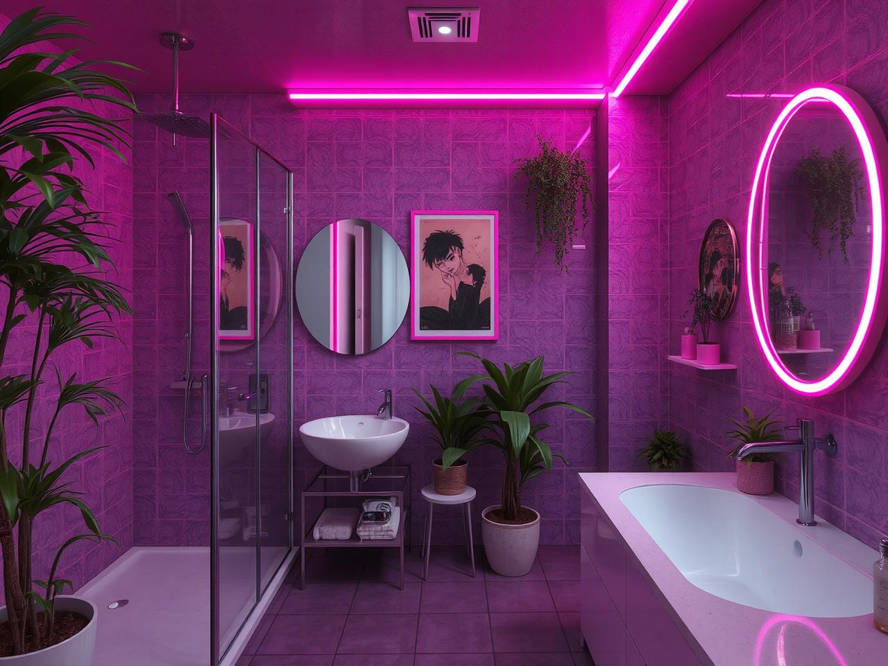 Real Average Cost of a Small Bathroom Remodel in 2025: Essential Insights and Budgeting Tips || image of a freshly renovated cozy bathroom featuring luxurious interior decor and furnishings. Include elements like neon lights, a stylish shower, a modern bathtub, cozy wall art, an elegant sink, smart storage solutions, and lush indoor plants to enhance the ambiance.