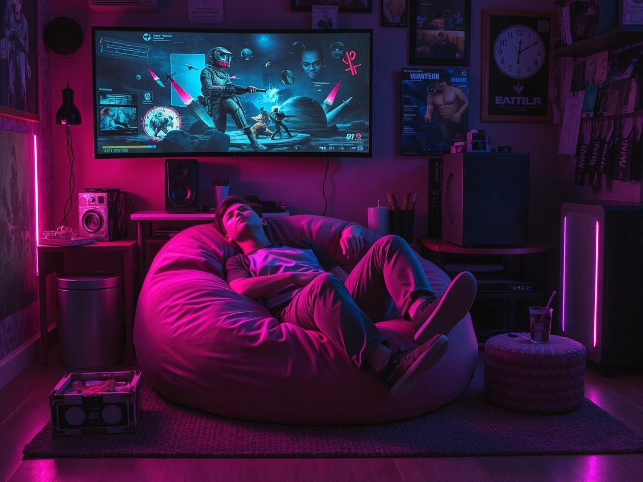 A cozy gaming setup featuring a person comfortably seated in a Big Joe Dorm Bean Bag Chair, fully immersed in a video game with snacks and drinks within reach