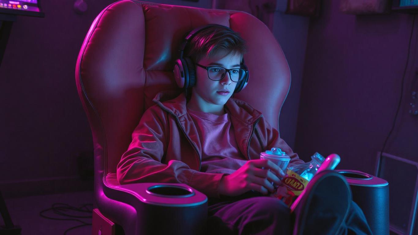 A young gamer sitting in an Inflatable Gaming Chair, fully immersed in gameplay, surrounded by snacks in the cup holders and a side pocket filled with gaming accessories, showcasing the chair's vibrant design and playful atmosphere.