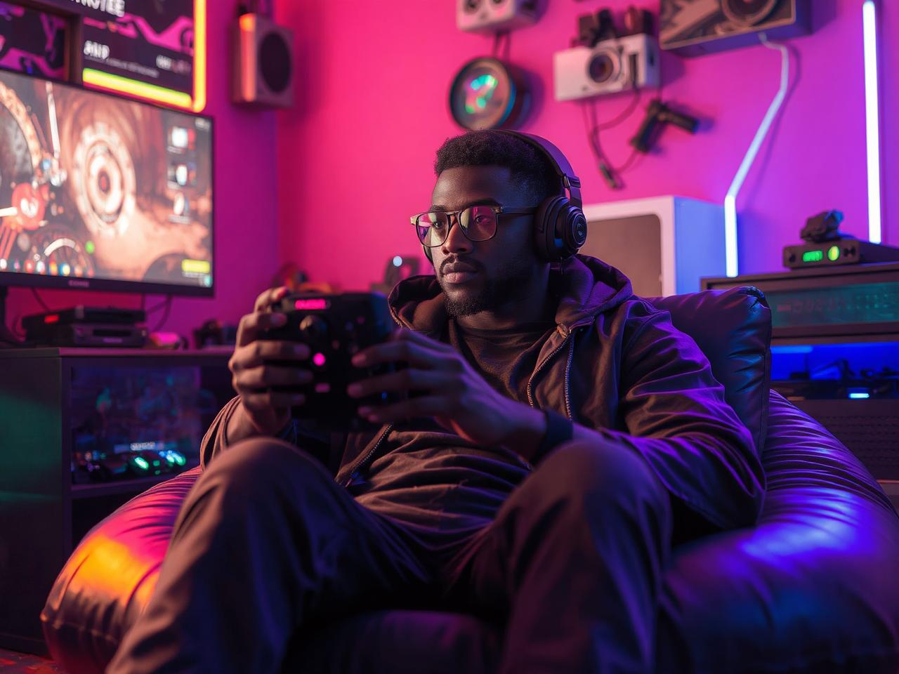 8 Best Gaming Bean Bag Chairs That Will Transform Your Gaming Experience at Your Space! || A black american gamer engrossed in a video game, comfortably seated on the Balabulala Inflatable Couch with Armrest in a vibrant gaming room, surrounded by colorful LED lights and gaming accessories