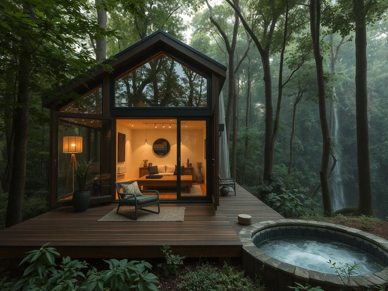 15 Best Prefab Tiny Homes You Can Buy in 2025 (Affordable & Stylish) || A modern luxury prefab tiny home nestled in a lush forest, featuring large glass windows that reflect the surrounding trees, a wooden deck with stylish outdoor furniture, and soft, ambient lighting illuminating the interior through open doors.