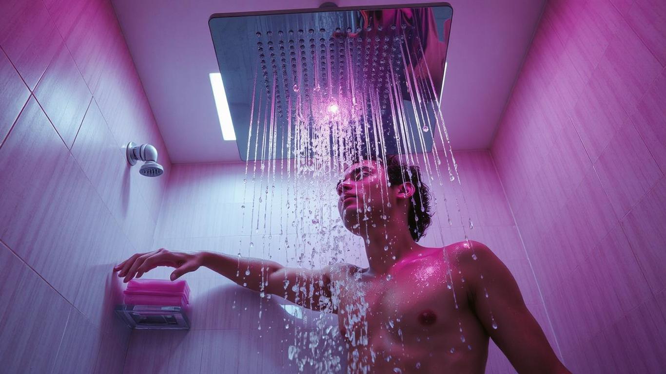 A couple playfully enjoying a shower together under a large square rainfall shower head, with natural light streaming in from a skylight and chic decor enhancing the cozy feel.