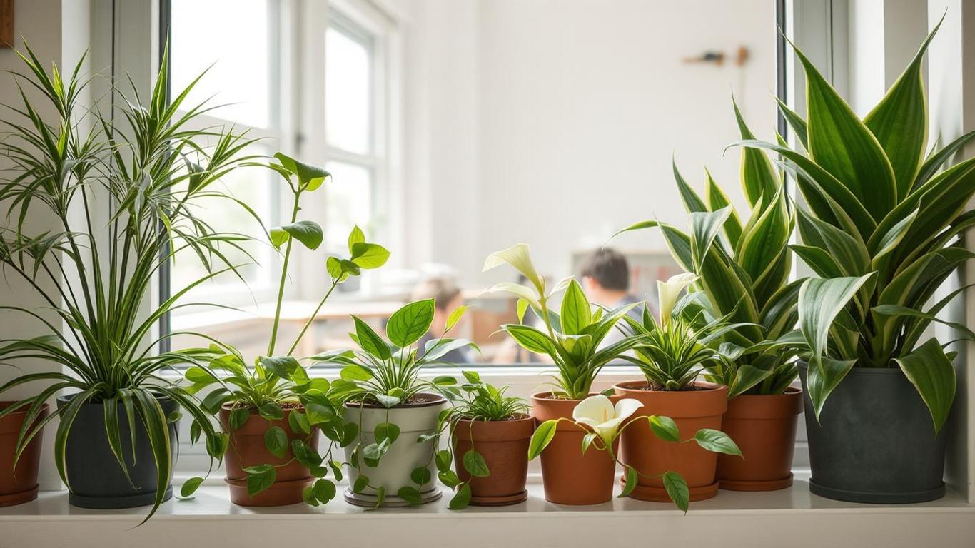 A close-up of various indoor plants commonly found in classrooms, such as spider plants, peace lilies, and snake plants, arranged aesthetically on a windowsill. The background shows a classroom setting with natural light filtering through the windows.