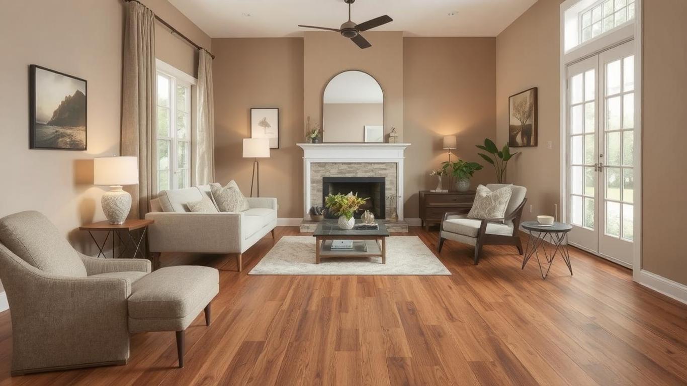 A cozy living room featuring luxury vinyl plank flooring in a warm wood finish, complemented by modern furniture and soft lighting.