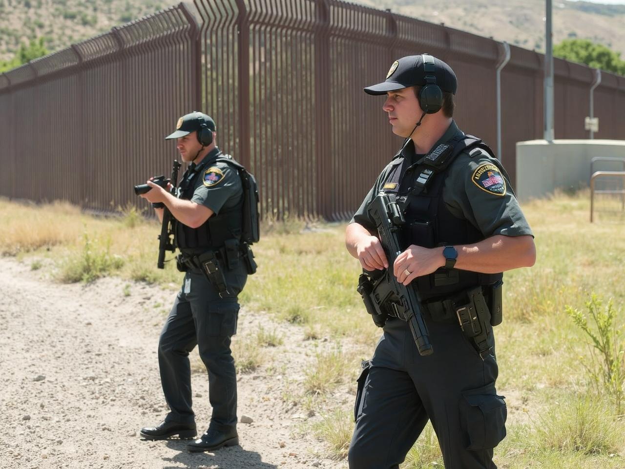 How the Anti-Climb Panel on Border Walls Enhances Security and Deterrence || A dynamic scene depicting border patrol agents monitoring the area near an anti-climb fence, emphasizing human elements alongside advanced security features