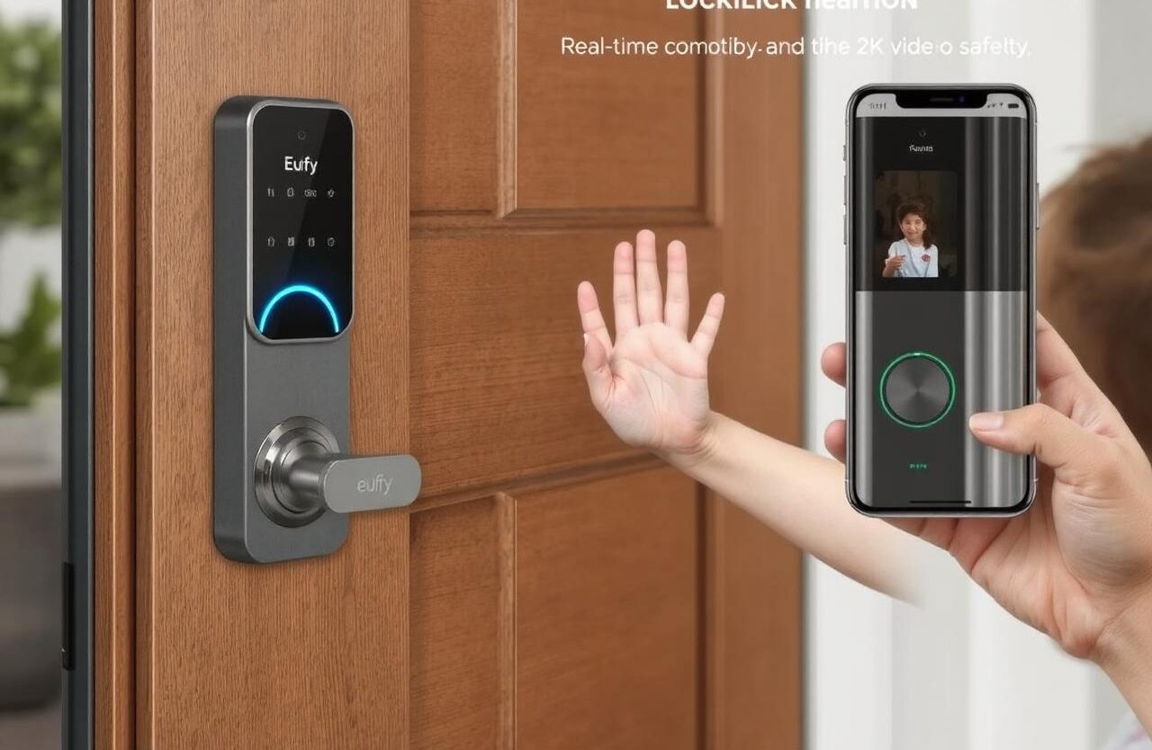 A sleek Eufy FamiLock S3 Max smart lock installed on a modern front door, showcasing its palm vein recognition feature as a child waves a hand without unlocking the door. A smartphone in the background displays a live feed from the 2K video doorbell, emphasizing real-time monitoring and child safety.