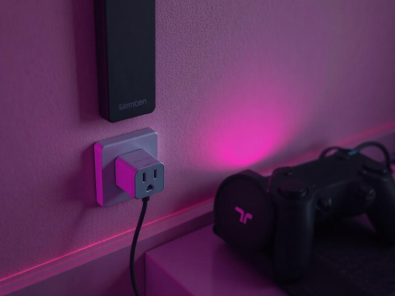 An Amazon Smart Plug connected to a gaming console in a child’s room, controlled remotely by a parent’s smartphone to manage screen time. The plug’s design is sleek and minimalistic, blending into a child-safe room, highlighting the power of parental control for safe and responsible device usage.