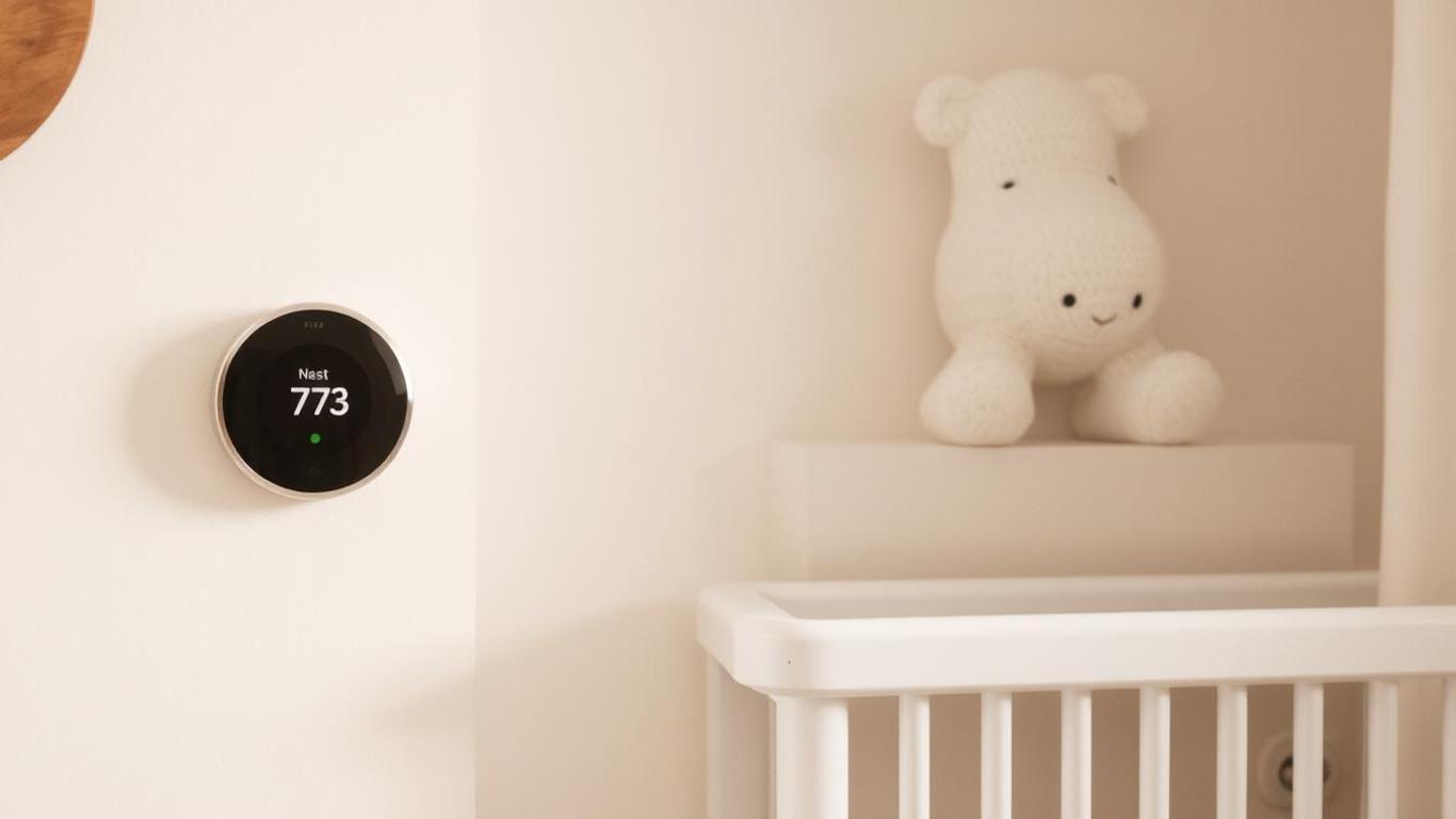 A Nest Learning Thermostat mounted in a cozy nursery, automatically adjusting to maintain a safe, comfortable temperature.