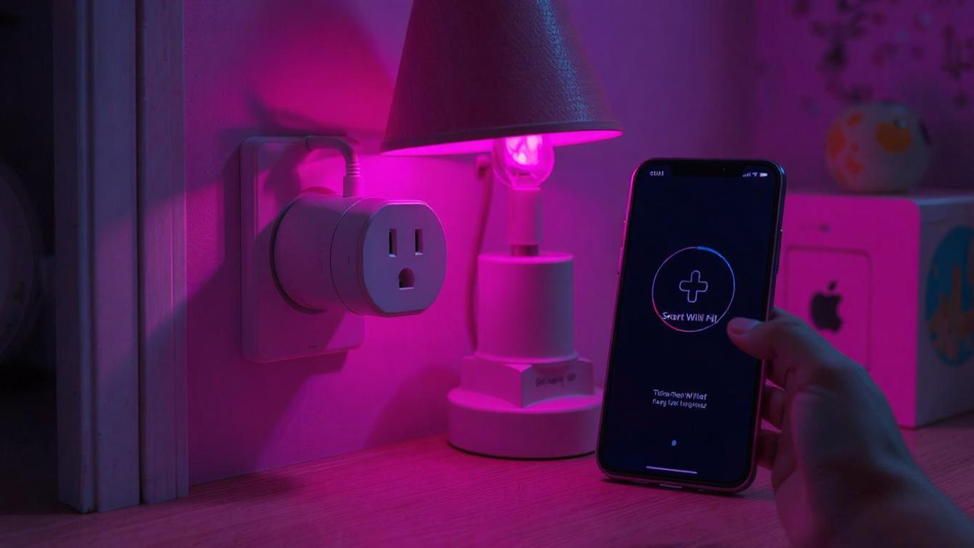 A TP-Link Kasa Smart Wi-Fi Plug Mini safely installed in a child’s playroom, connected to a lamp. A smartphone remotely turns off the plug, preventing unsupervised access.