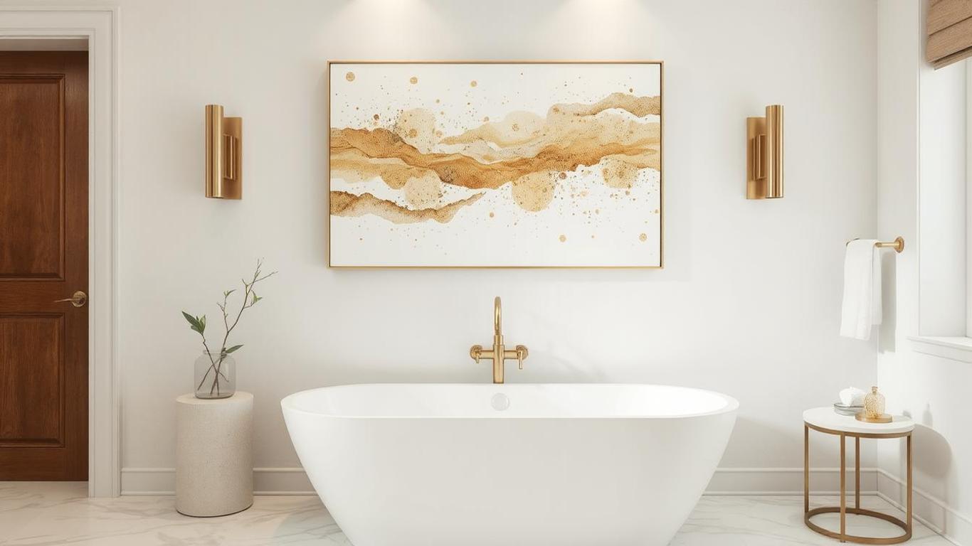 Abstract gold accents bathroom wall art above a white bathtub