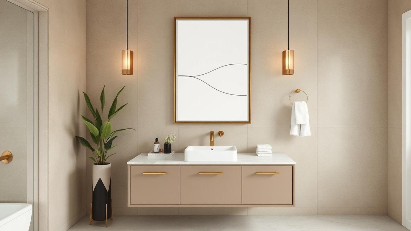 Minimalist line art above a modern bathroom vanity with gold accents