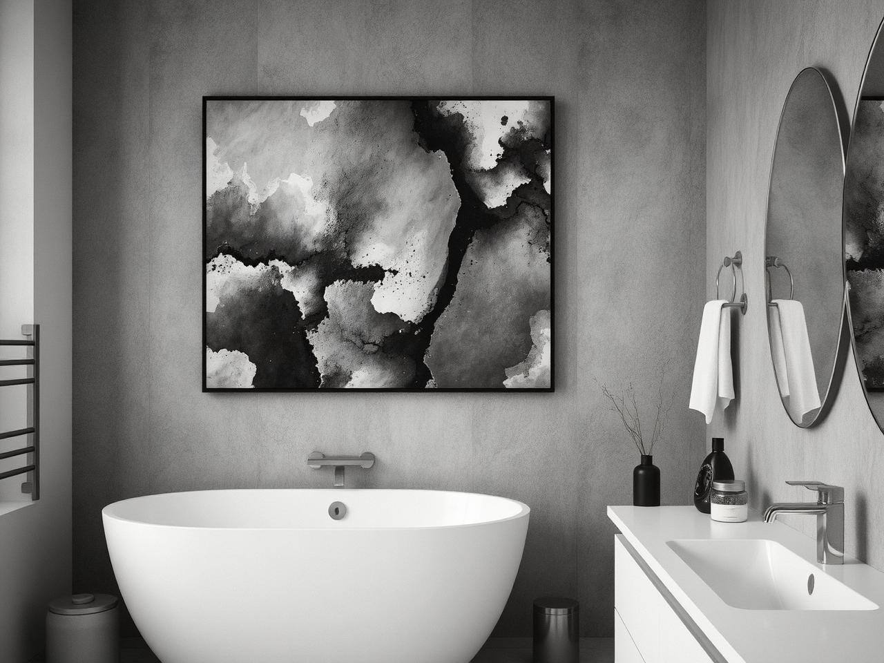 Monochrome abstract wall art on a feature wall in a contemporary bathroom