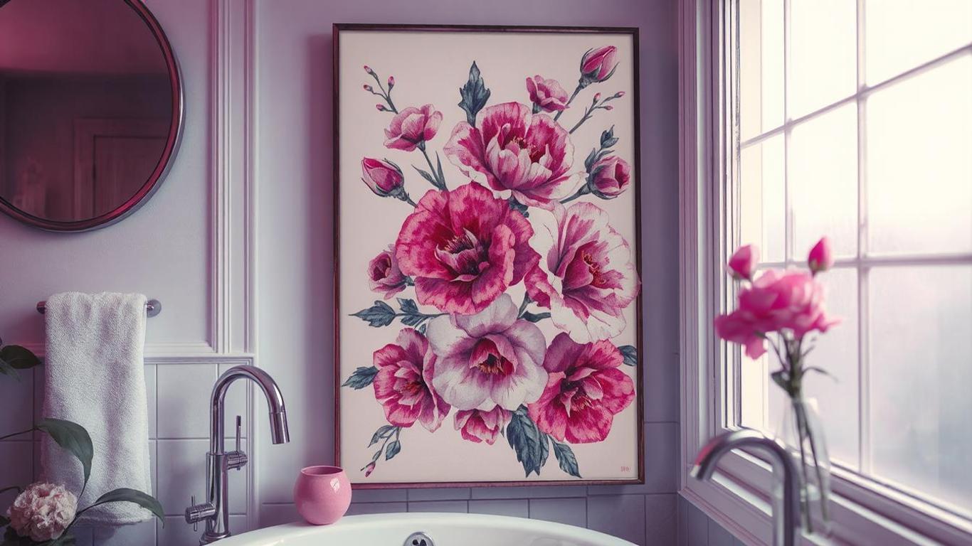 Elegant floral watercolor art near a vintage-style bathroom window