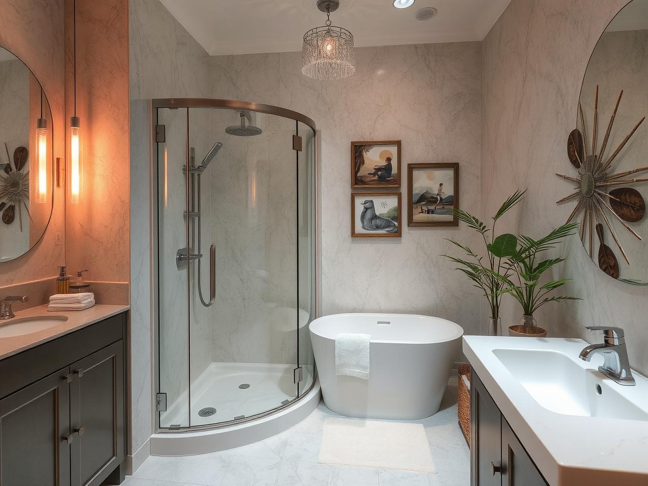 spa-like small bathroom filled with elegant design elements. Include features like ambient neon lighting, a luxurious shower and bathtub combo, artistic wall decorations, a sophisticated sink, hidden storage, and decorative indoor plants for a tranquil vibe.