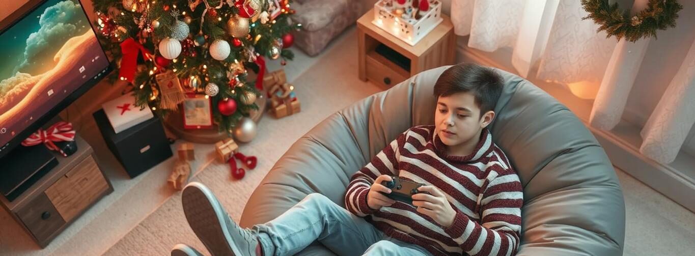 A young gamer relaxing in the Intex Beanless Bag Inflatable Lounge Chair, deeply focused on an exciting video game, surrounded by a cozy living room setup, with the chair’s plush grey fabric complementing the vibrant gaming environment.