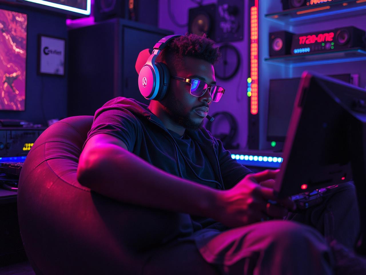 A gamer engrossed in a video game, comfortably seated on the Balabulala Inflatable Couch with Armrest in a vibrant gaming room, surrounded by colorful LED lights and gaming accessories