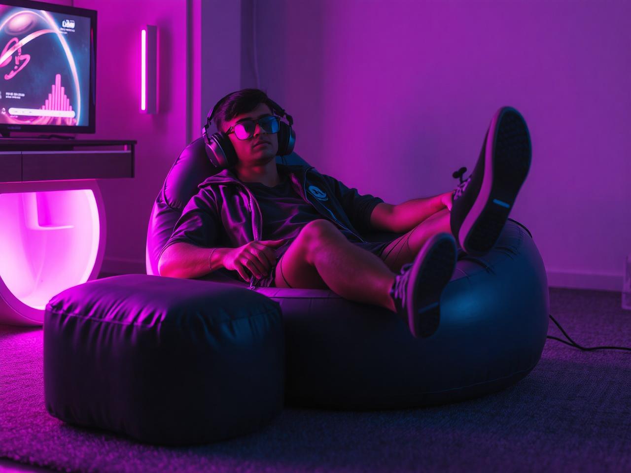 A gamer lounging comfortably in the SeaSlep Inflatable Chair with Ottoman, fully immersed in a video game session