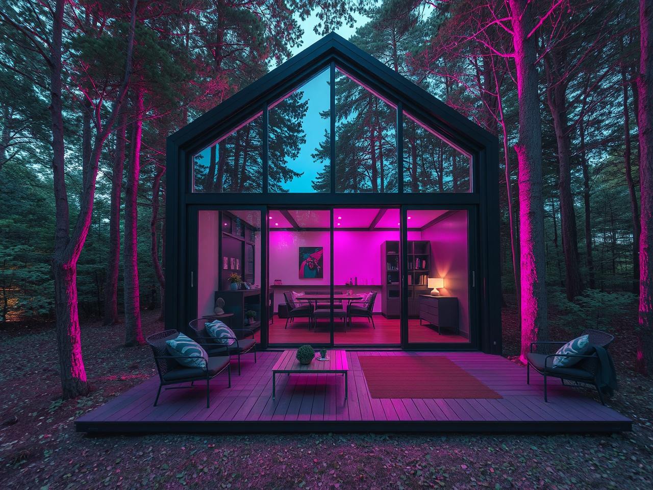 A modern luxury prefab tiny home nestled in a lush forest, featuring large glass windows that reflect the surrounding trees, a wooden deck with stylish outdoor furniture, and soft, ambient lighting illuminating the interior through open doors.