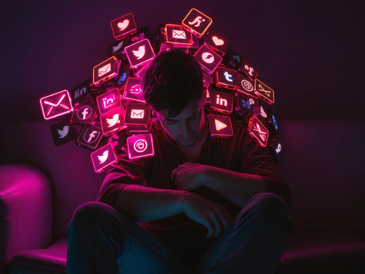 A person sitting on a couch, slouched under a heavy pile of glowing digital icons (social media, emails, messages) stacked on their back like a burden. Their face looks exhausted. The concept visually represents the mental weight of constant digital engagement.